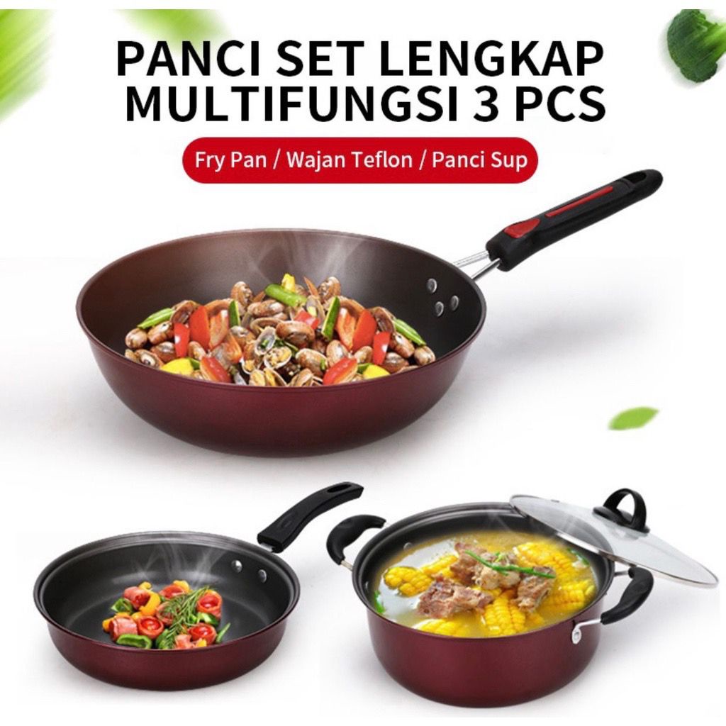 KUKA - Panci Wajan Frypan Set 3in1 Lengkap Anti Lengket Serba Guna