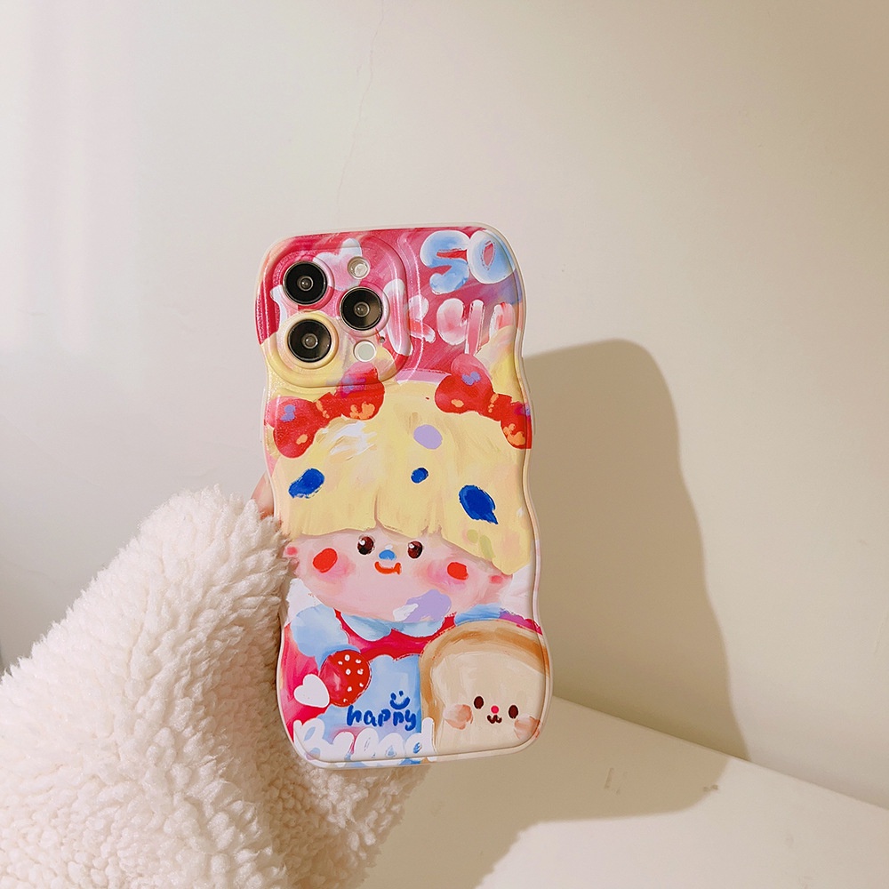 IPHONE Ins Gadis Lucu Lukisan Cat Minyak Kartun Soft Beige Case Untuk Iphone14 11 12 13 PRO MAX Casing Cover Pelindung AT0019