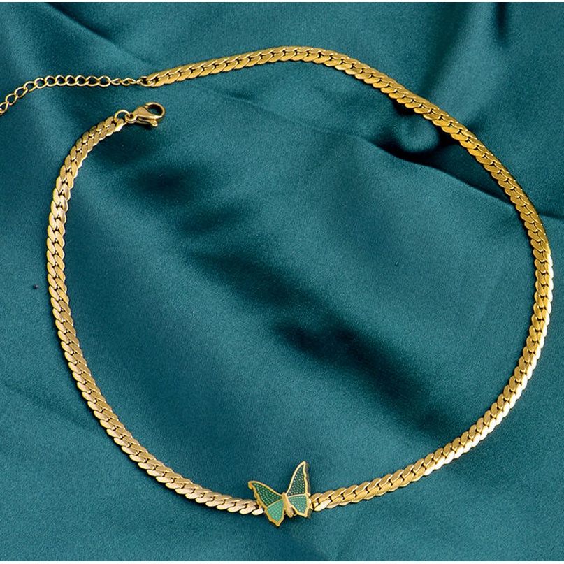 Kalung Rantai Klavikula Desain Kupu-Kupu Hijau Gaya Retro Untuk Wanita