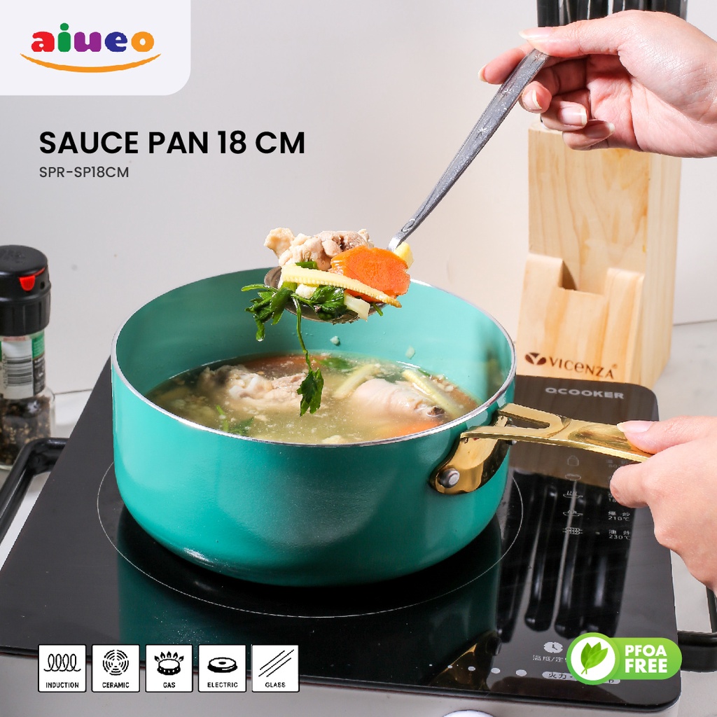 AIUEO Sauce Pan 18 Cm Panci Wajan masak Mie Tutup Kaca Warna Biru Anti Lengket