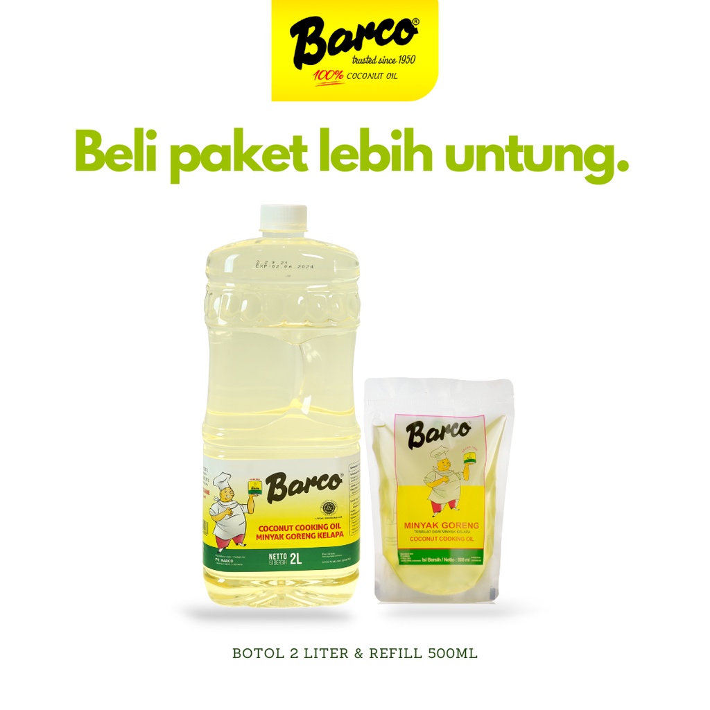 

Promo!! Minyak Goreng Kelapa Barco Botol 2 ltr + Pouch 500mll