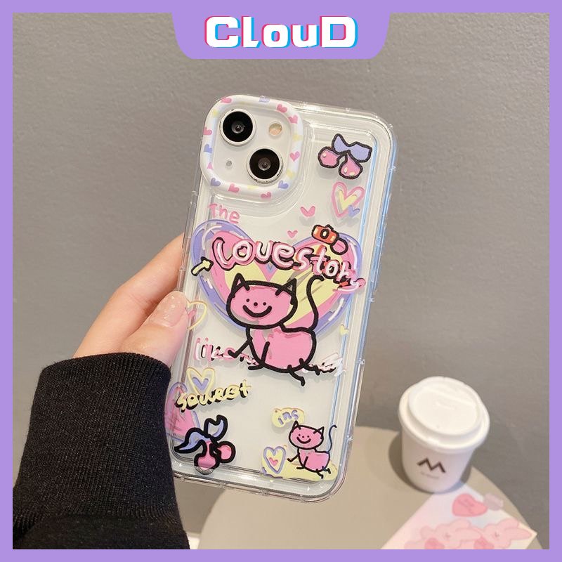 IPHONE Lucu Kartun Cinta Hati Kucing Ponsel Jernih Case Kompatibel Untuk Iphone11 13 12 14 Pro Max7 8 6s 6 Plus XR X XS Max SE 2020 Lembut Silicon TPU Airbag Shockproof Ins Graffiti Cover