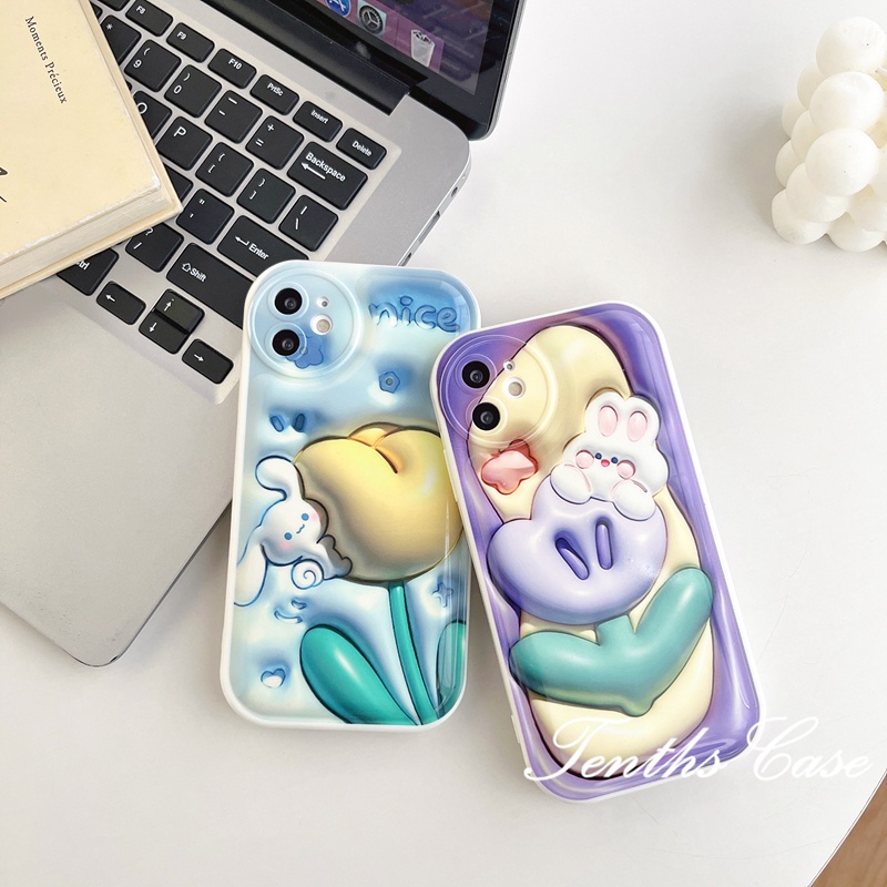 Untuk OPPO A78 A17 A17K A57 A77s A76 A96 A16 A16s A16k A15 A15s A54 A74 A55 A95 A94 A93 A53 A33 A32 A5 A9 A31 A3s A5s Reno8T 7Z 6 5 F11 F9 3D Vision Flower Rabbit Phone Case Sarung