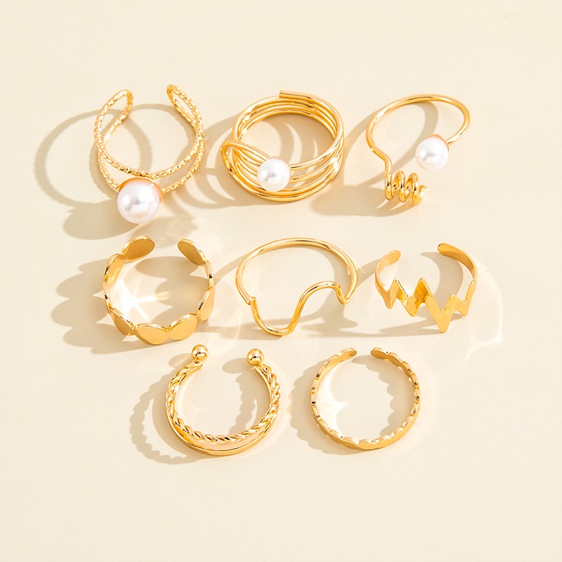 Fashion Eropa Dan Amerika Retro Imitasi Cincin Mutiara Geometris Prototype Halus Petir Pearl Ring 8-piece Set