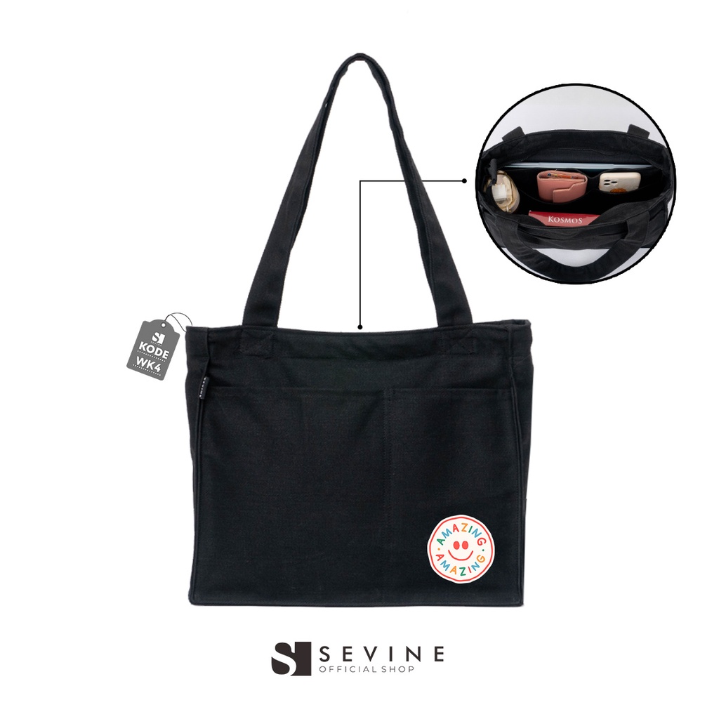 Sevine Totebag Kanvas Rebecca Tas Wanita Tote Bag Kuliah Sekolah Sekat Botol Laptop Hitam Elegan Aesthetic - WK