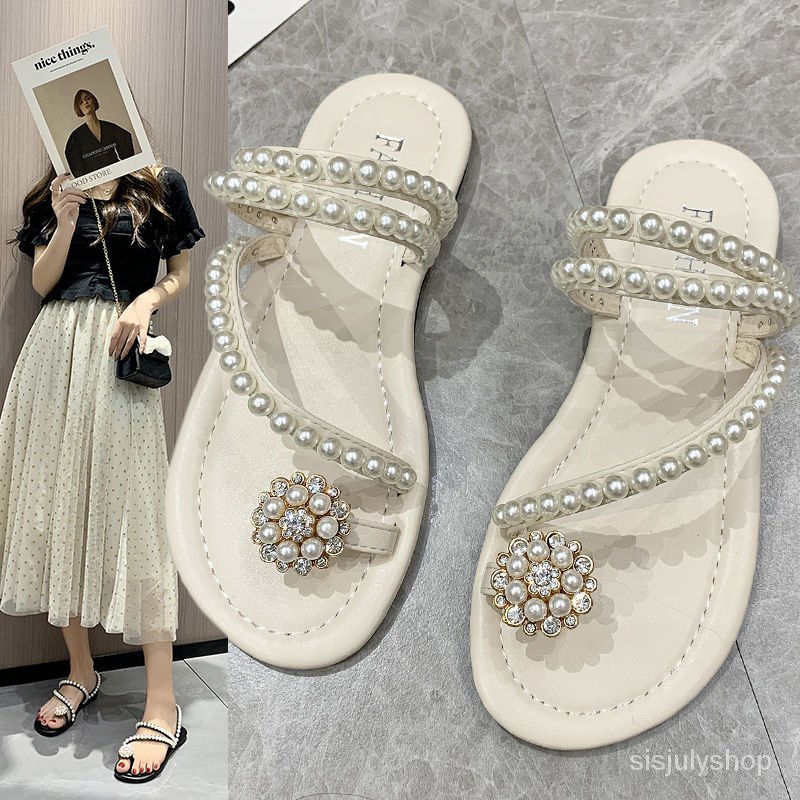 #Sisjuly# Sandal wanita sandal pantai mutiara bawah datar wanita baru sandal pantai mutiara sandal s