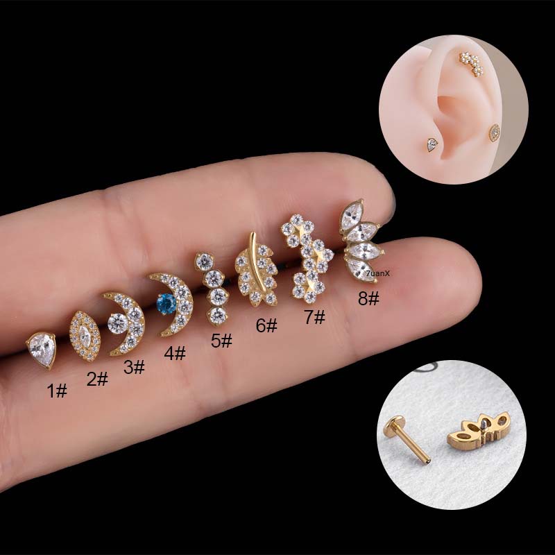 1biji G23 Titanium Internal Ulir Internal Labret Lip Stud Daun Mmon Bentuk Mahkota Helix Tulang Rawan Pinna Piercing 16Gauge