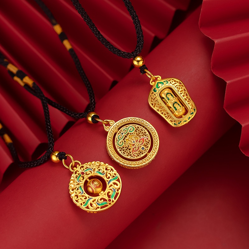 Goldkingdom Fashion Perhiasan Emas Asli Kadar 375Bangkok Aksesoris Ready Stock Retro Membakar Liontin Biru Sepuhan Berputar Fu Karakter Guanyin Xiangyun Kalung Untuk Pria Dan Wanita