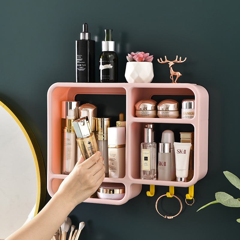 Rak Gantung Dinding Tempel Kokoh Kuat Premium Aesthetic Bahan PP Tebal Organizer Skincare Make Up Sabun Kamar / Kamar Mandi Ruangan Rumah Serbaguna Dengan 3 Kait Cantolan Shelf Rack