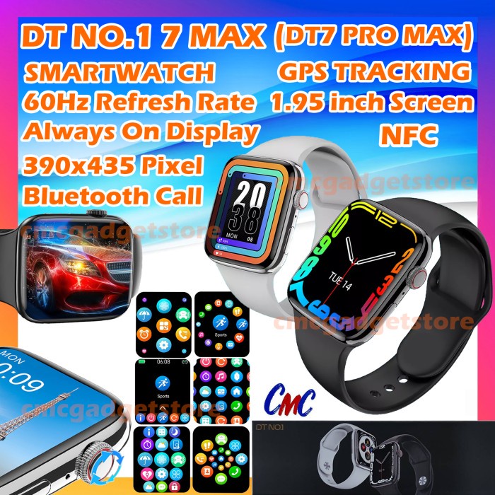 DT No. 1 7 Max Smartwatch DT7 Pro No 1 GPS 1.95 inch 60Hz Refresh Rate - Free AG Black Murah