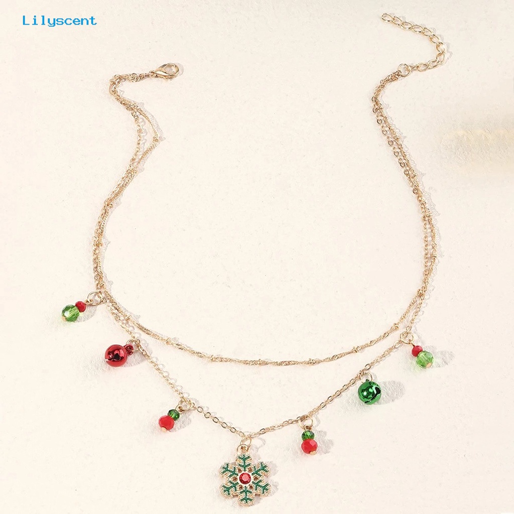 [LS] Wanita Kalung Double Layer Warna-Warni Lonceng Kristal Imitasi Meriah Electroplating Adjustable Dekorasi Hadiah Tahun Baru Natal Snowflake Pendant Rantai Klavikula Perhiasan Pesta