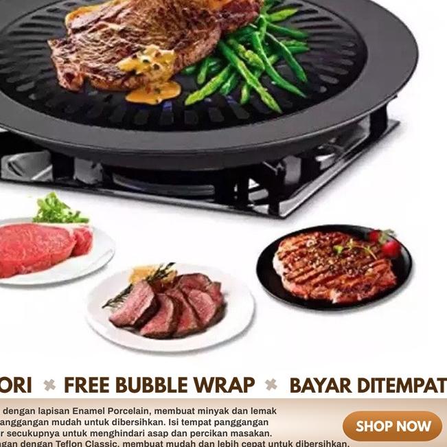 ✬ Alat Panggang Bulat Barbeque Grill Pan Pemanggang BBQ Tempat Bakar Daging Ayam Sosis Sate Anti Len