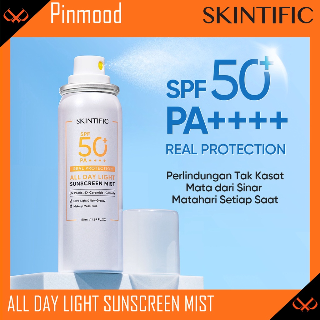SKINTIFIC ALL DAY LIGHT SUNSCREEN MIST [ 50 ML ] SPF50 PA++++ SUN SCREEN SPRAY ANTI UV WAJAH / BODY SPRAY UV PEARLS 5X CERAMIDE CENTELLA