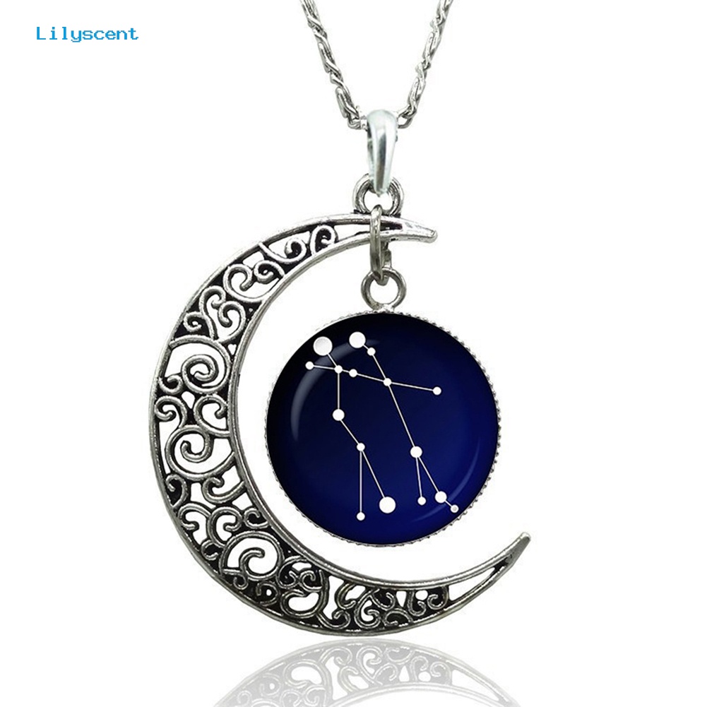 [LS] Tanda Astrologi Astrologi Hollow Bulan Kaca Cabochon Liontin Wanita Kalung