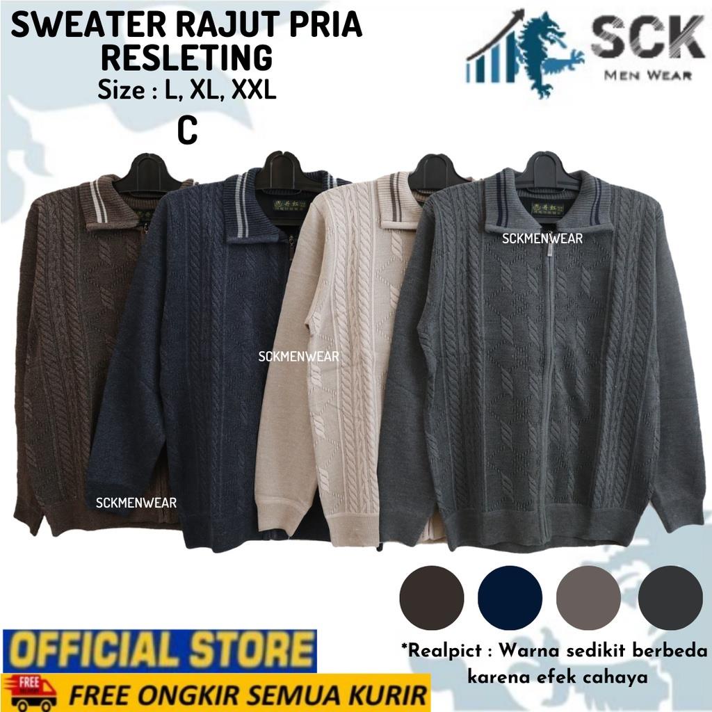 Sweater Pria Rajut Krah Resleting Full Motif Casual - sckmenwear GROSIR