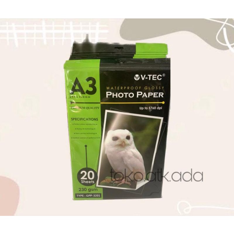 

GLOSSY PHOTO PAPER A3 ISI 20 LEMBAR 230 GSM / KERTAS FOTO A3