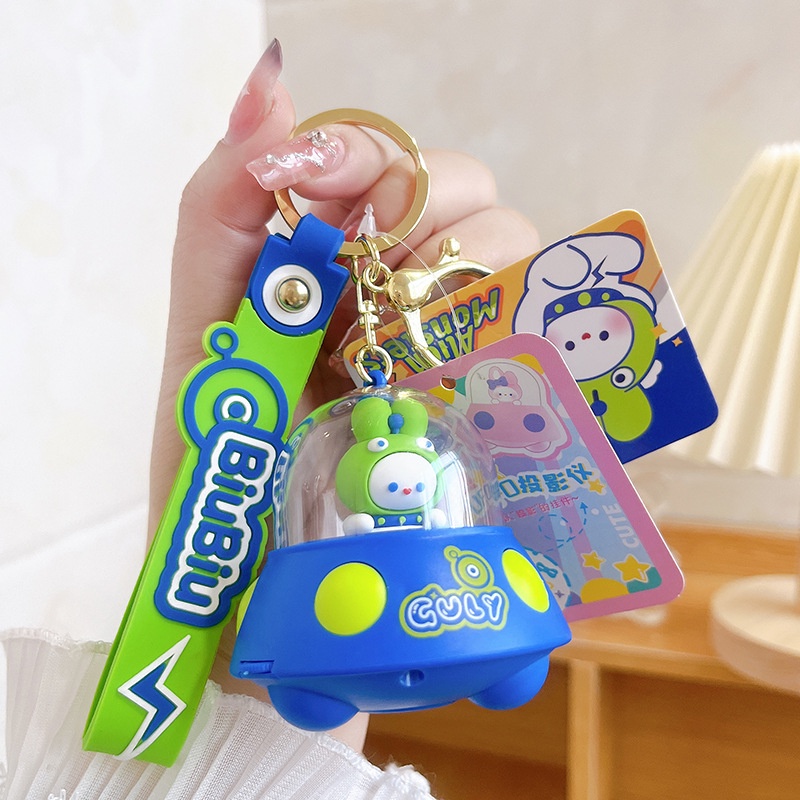 Lovely Rabbit Astronot Key Chain Bisa Proyek Lampu Monster Kecil UFO Spacecraft Gantungan Kunci Tas Liontin Dekorasi