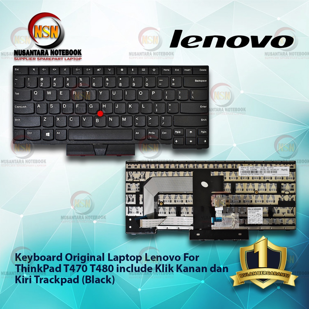 Keyboard Laptop Lenovo ThinkPad T470 T480 Include klik Kanan dan Kiri Trackpad (Black)