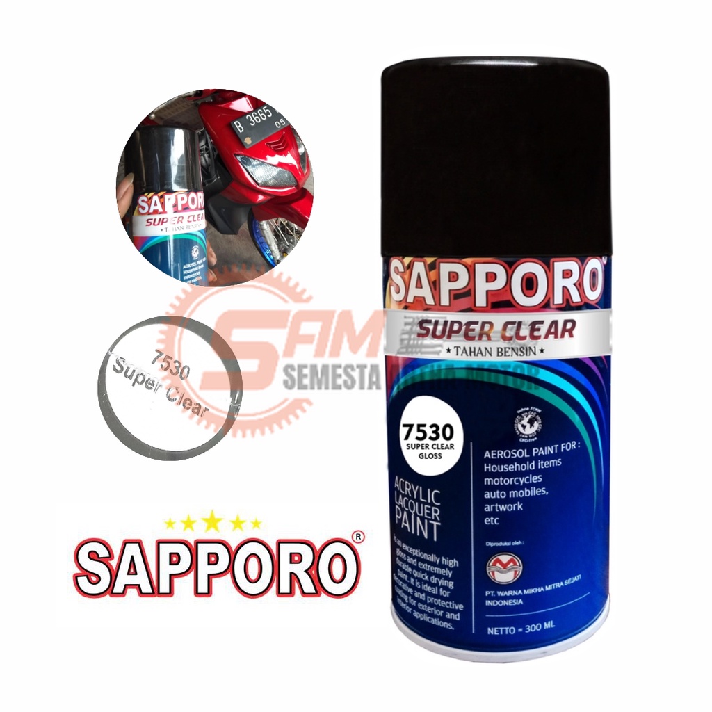 

Cat Semprot Sapporo 7530 Super Clear Colour Spray Warna Bening Tahan Bensin Pilox Pernis