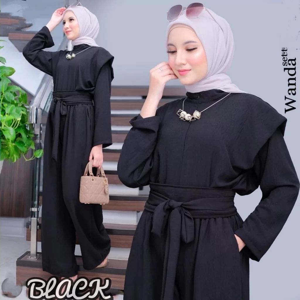 Stelan wanita muslimah wanda set fashion muslim perempuan bahan crinkle kekinian terbaru 2023