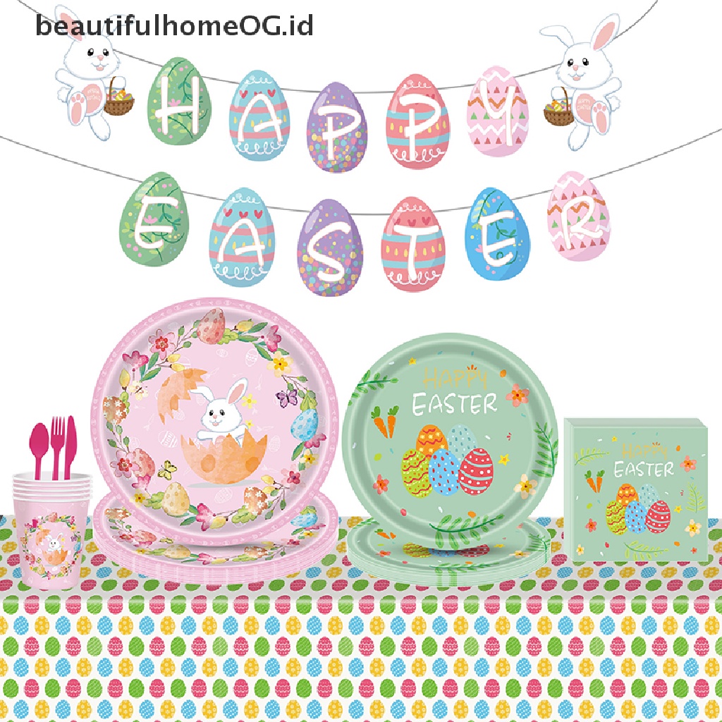 // Beautifulhomeog.id// Happy Easter Banner Bunny Piring Telur Gelas Kertas Serbet Taplak Meja Dekorasi Paskah **