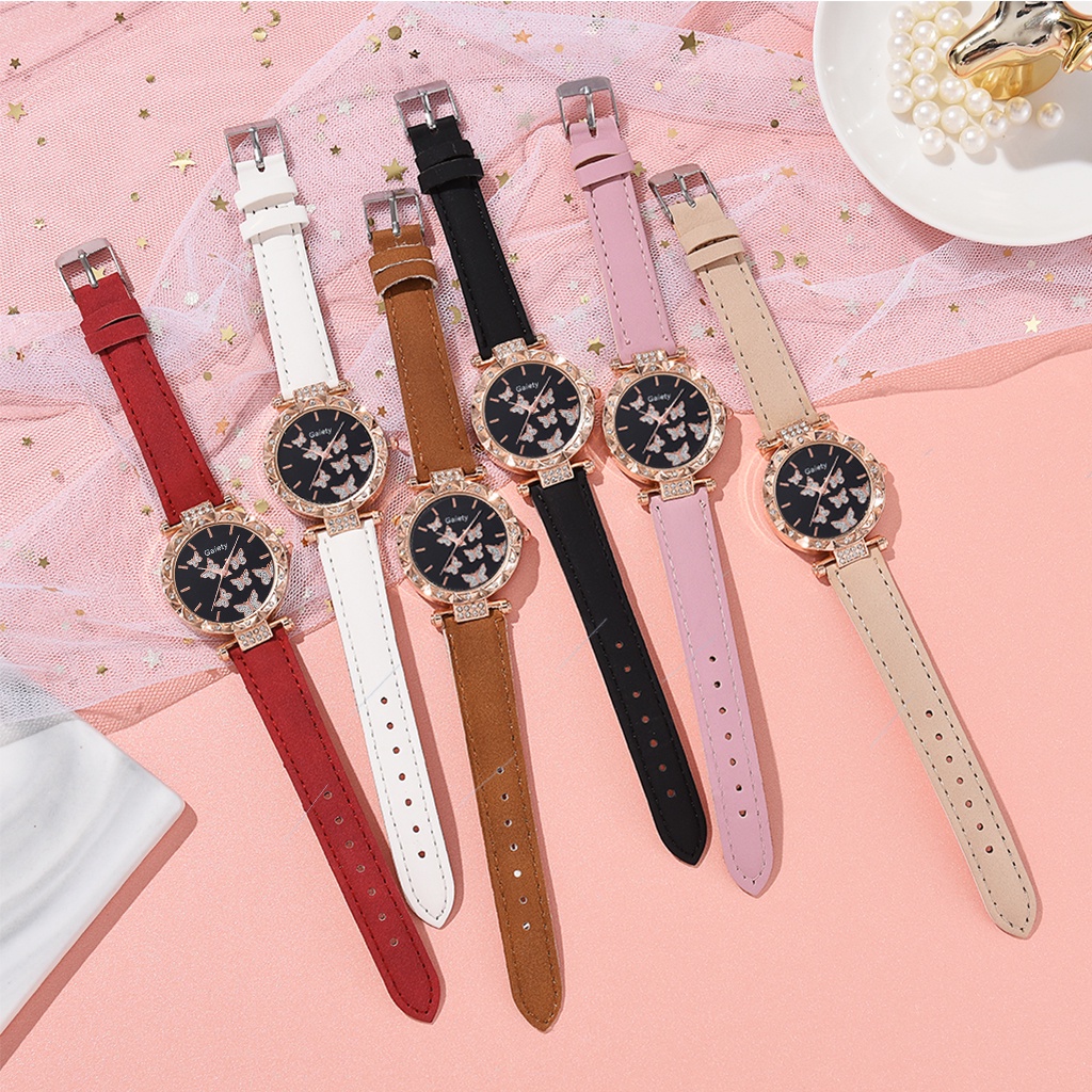TERBARU 2PCS Set Jam Tangan Wanita Dial Berlian Tali Jam Tangan Kulit Tali Jam Tangan Kupu-Kupu