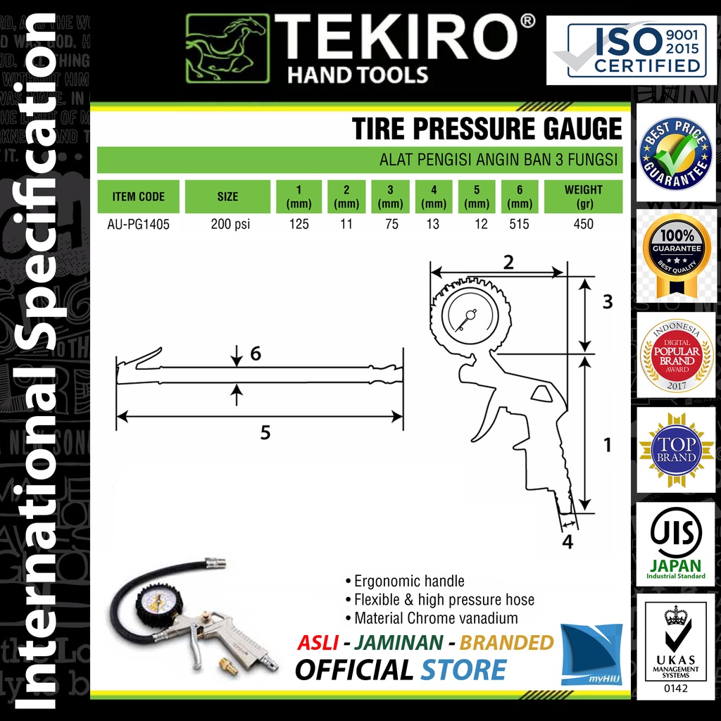 Alat Isi Angin Ban Mobil Motor + Pengukur 200 psi / Tire Chuck And Pressure Gauge 3 in 1 TEKIRO