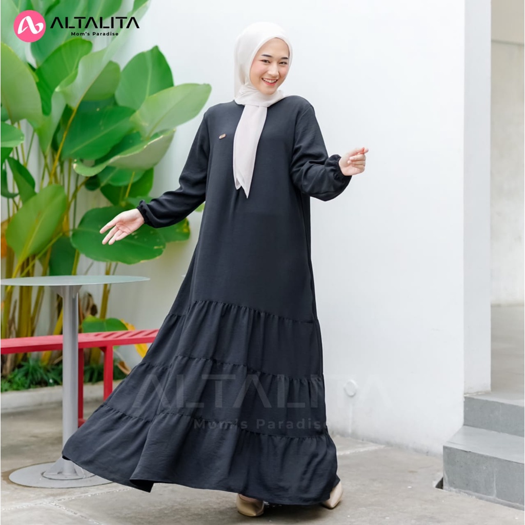 Altalita - Dress Medina Cringkle Airflow Basic Casual Gamis Wanita Muslimah Lengan Panjang Kekinian Busui Polos Premium Lebaran Kondangan Vintage Terbaru