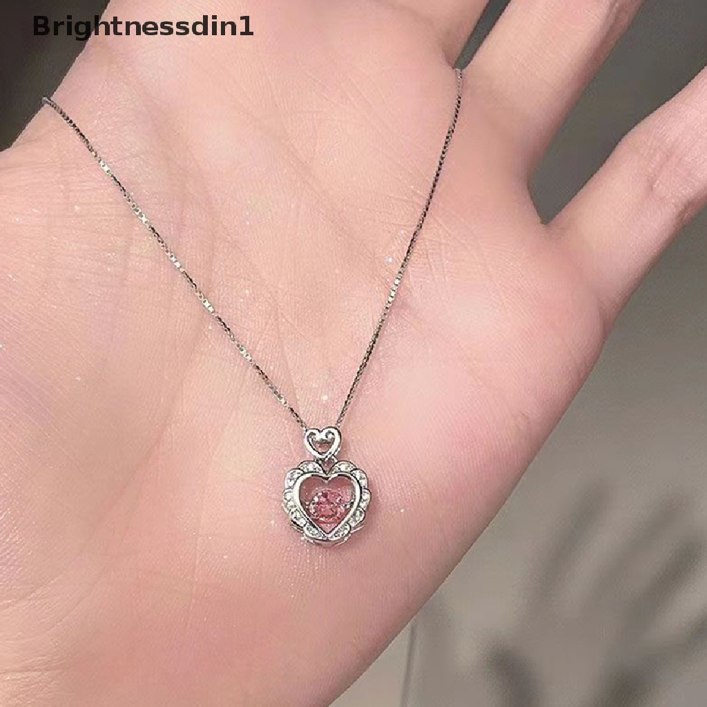 [Brightnessdin1] Fashion Vintage Berongga Merah Muda Kristal Jantung Liontin Warna Perak Rantai Leher Kalung Untuk Wanita Pernikahan Aesthetic Perhiasan Butik