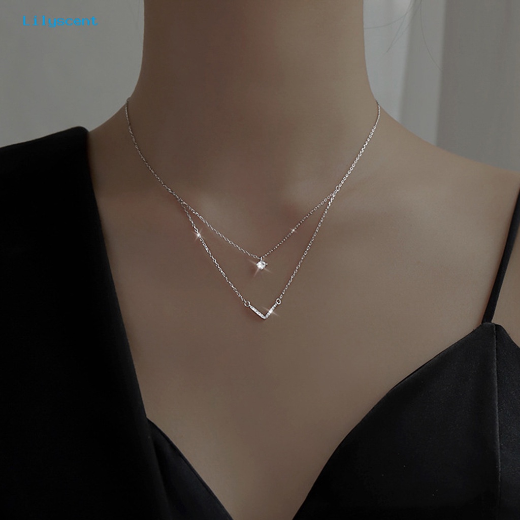 [LS] Kalung Adjustable Gaya Korea Pengerjaan Halus Kalung Perak Lapis Ganda Berbentuk V Untuk Pakaian Sehari-Hari