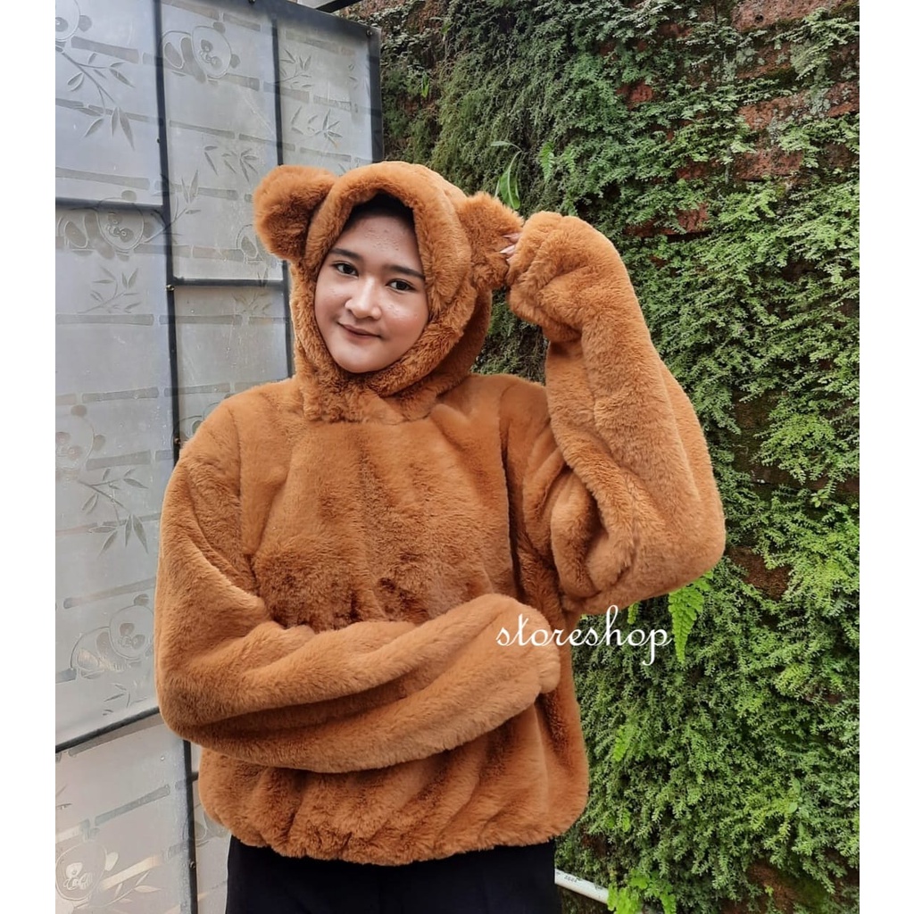 Jaket Sherpa Hoodie Bulu Bear Crop Wanita