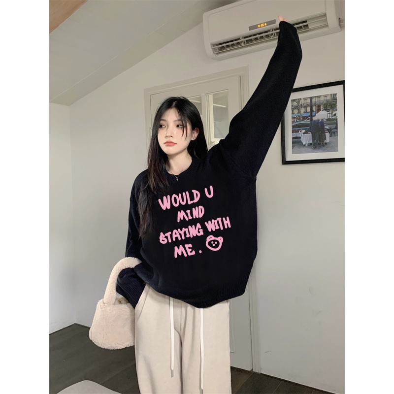 EUNII Sweater Lengan Panjang Cute Pink English Korean Style/Sweater Crop/Baju Wanita/Switer Wanita/Switer