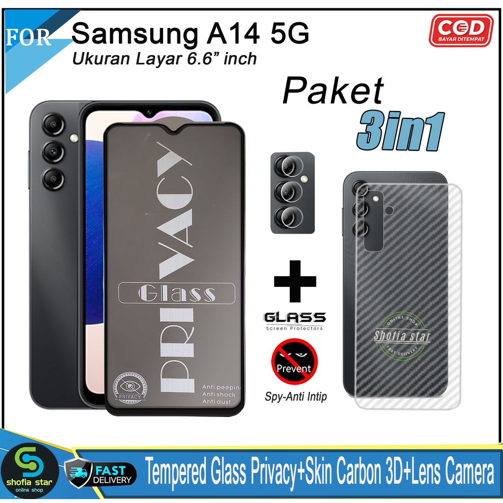 Promo 3in1 Tempered Glass Privacy Samsung A14 5G M14 5G A54 5G A13 4G/5G A32 A23 4G/5G A24 4G A34 5G Anti Gores Anti Spy Full Layar