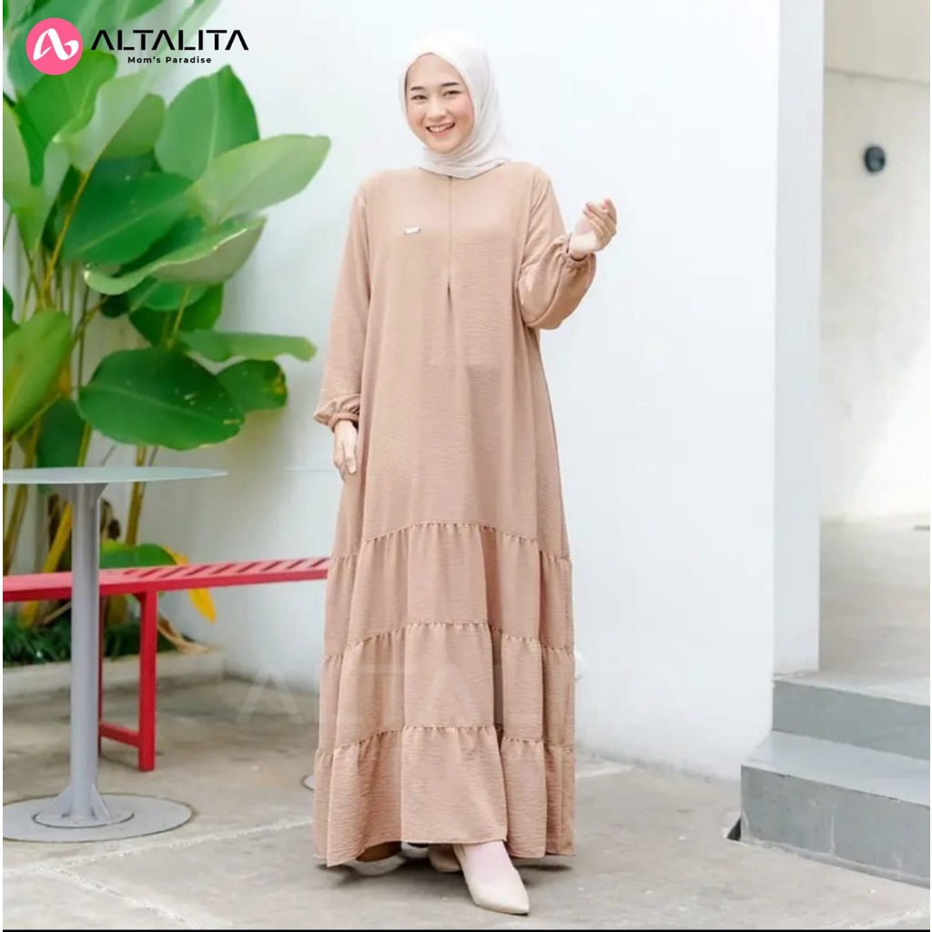 Altalita - Dress Medina Lengan Panjang Cringkle Airflow Polos Wanita Muslimah Gamis Lebaran Kekinian Busui Basic Casual Premium Kondangan Vintage Terbaru