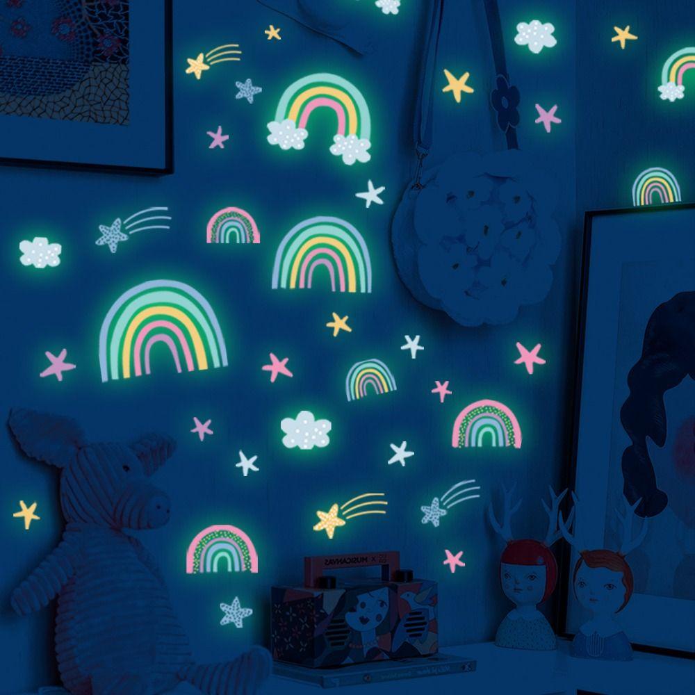 [Elegan] Pelangi Decal Self-adhesive Tahan Air Bercahaya Seni Mural Neon Stiker Bintang DIY Dekorasi Kamar Anak Latar Belakang Wallpaper Dinding