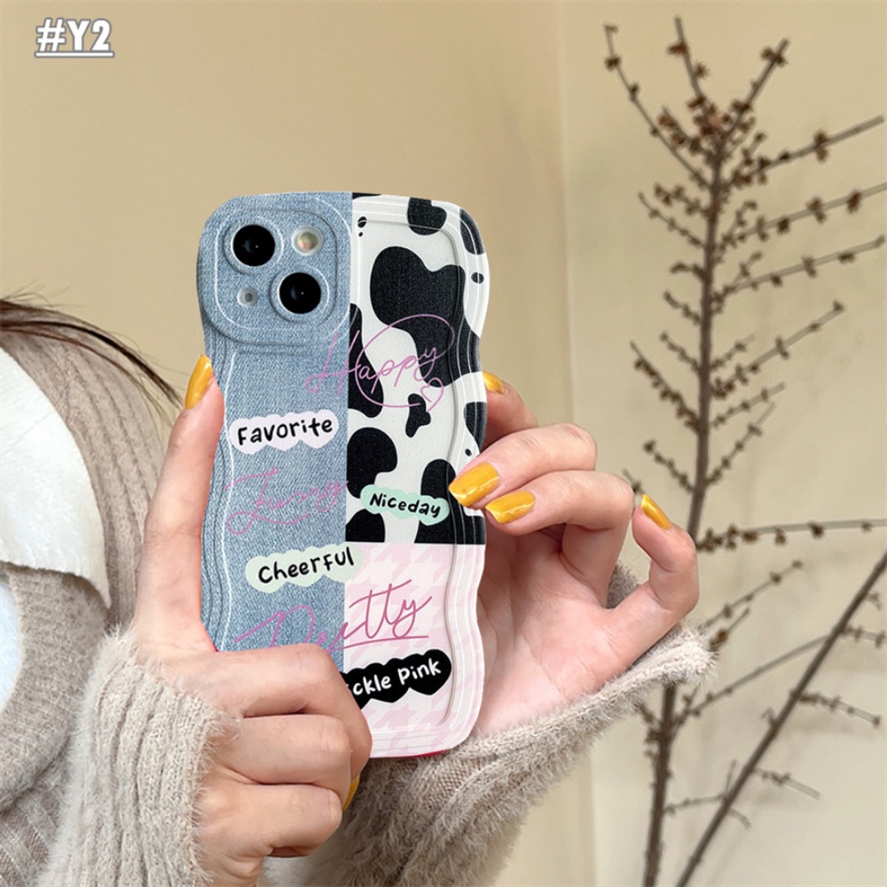 Fashion Case OPPO A17k A17 A77S A57 A16 A16K A16E A55 A95 A96 A94 A76 A12 A5s A15 A54 A7 A53 A3s A31 A52 A92 F9 F11 Reno5 Wavy Edge Denim Patch Happy Leopard Print Soft Couple Case