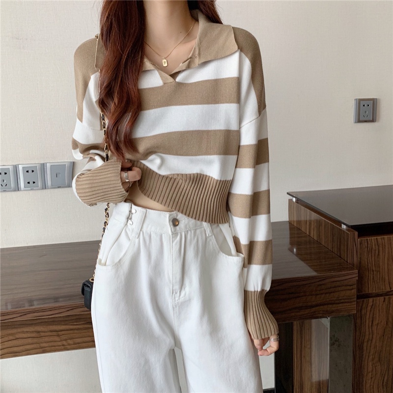 Kemeja Stripe Rajut Wanita Lengan Panjang Sweater Wanita Oversize Style