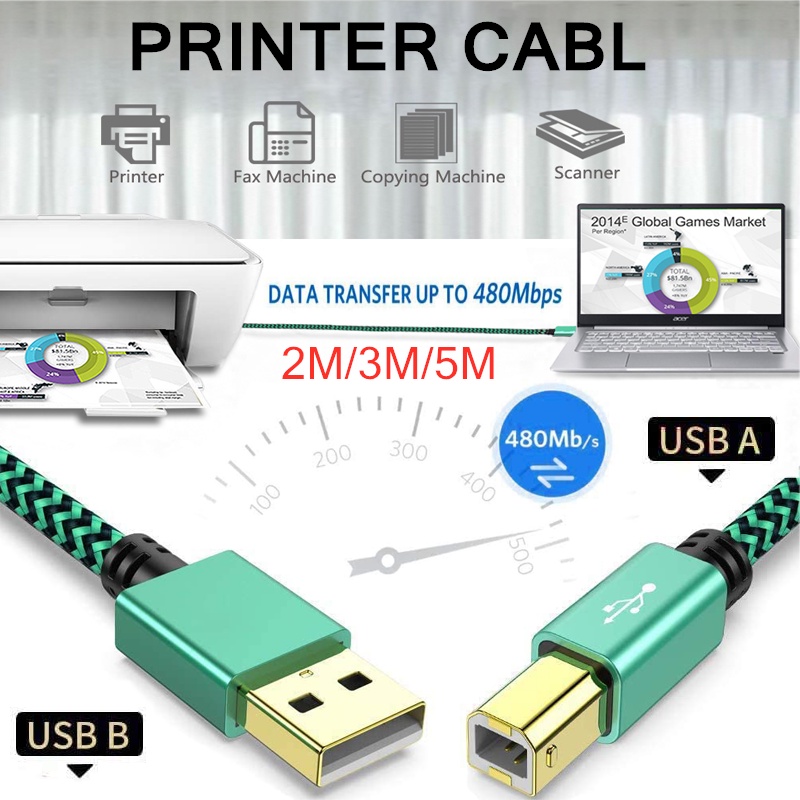 Kabel Printer USB 2.0 Kabel Data Printer Pria ke B Pria untuk Macbook HP Dell Canon Samsung 2M / 3M 