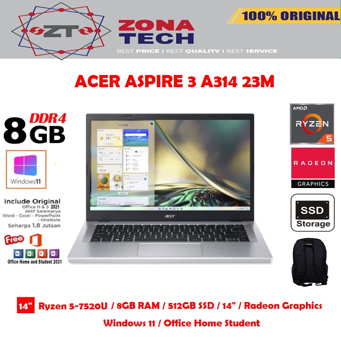 ACER ASPIRE 3 A314-23M - RYZEN 5-5720U - 8GB - 512GB SSD - RADEON 610M - 14&quot; - WIN11 - OHS