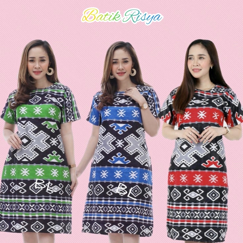 BAJU SIZE JUMBO DRESS BATIK WANITA JUMBO XXXXL / 4L LENGAN PENDEK MOTIF TENUN SONGKET PALANG BIRU HI