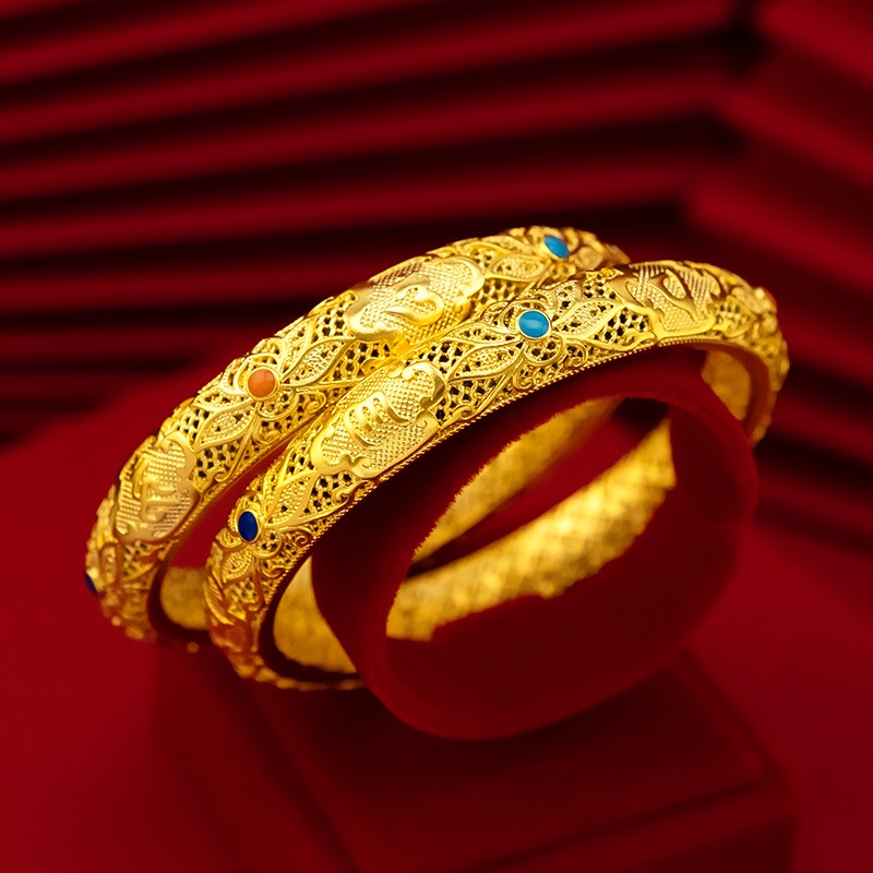 Goldkingdom Perhiasan Fashion Emas Asli Kadar 375Bangkok Aksesoris Ready Stock Berlapis Emas Retro Melubangi Gelang Gaya Wanita Enam Kata Amsal Lotus Ibu Gelang