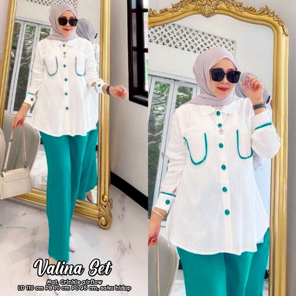Valina Set - One Set Wanita Kemeja Rayon Premium Setelan Baju Lengan 7/8 Set Celana Panjang Kekinian LD 110 cm