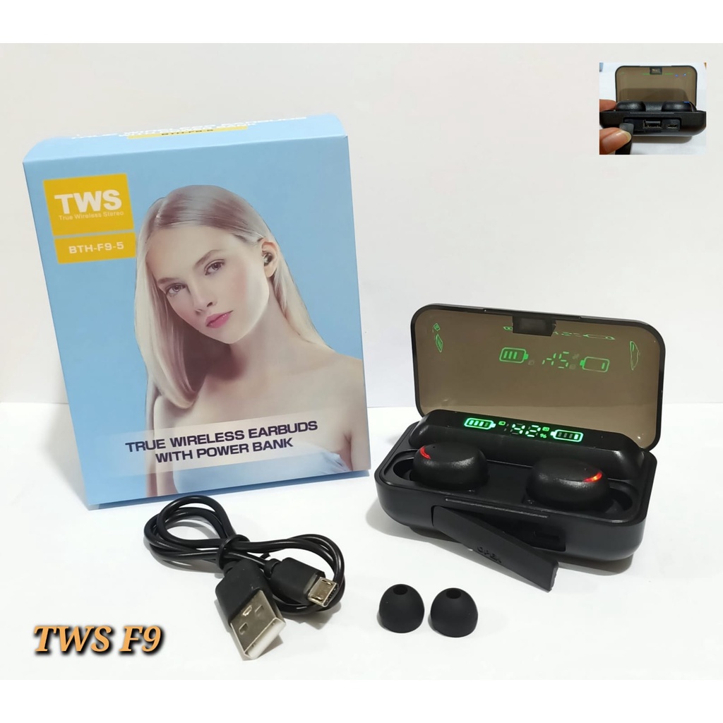 HEADSET BLUETOOTH F9 TWS / HANSFREE BLUETOOTH F9 TWS BISA JADI POWERBANK / F9 TWS WIRELESS