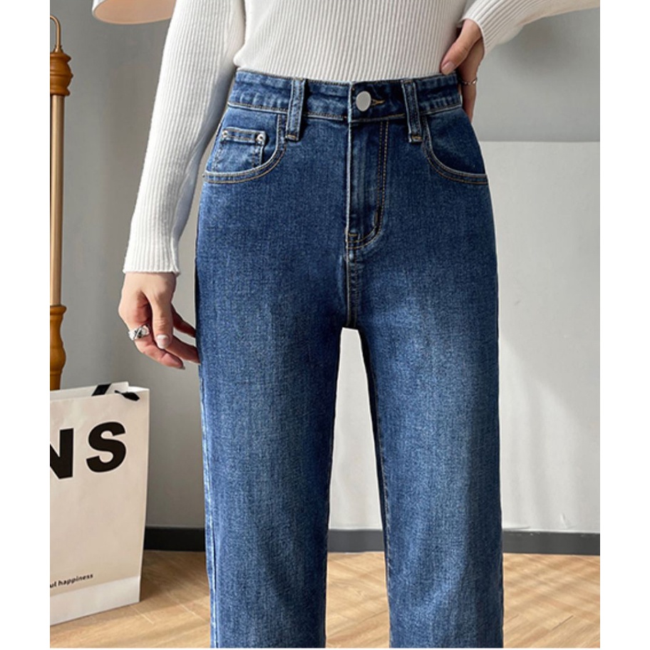 Biru laut Highwaist Stretch Celana Jeans Wanita