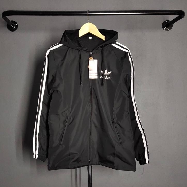 LANGSUNG ATC Jaket Pria Parasut Adidas Windbteaker Hitam List Putih XL XXL - Jaket Parsut Jumbo - Ja