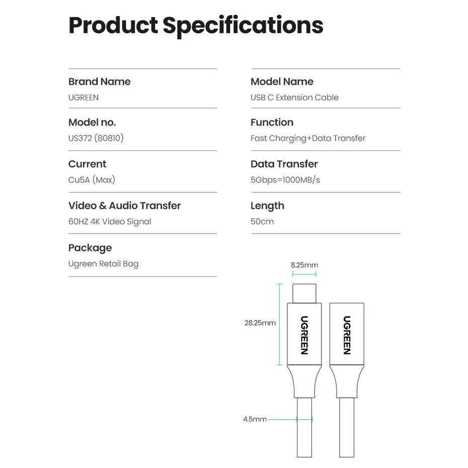 Ugreen Kabel Ekstensi USB C Tipe C Extender Cord USB 3.1 10Gbps Kabel Ekstensi Transfer Data