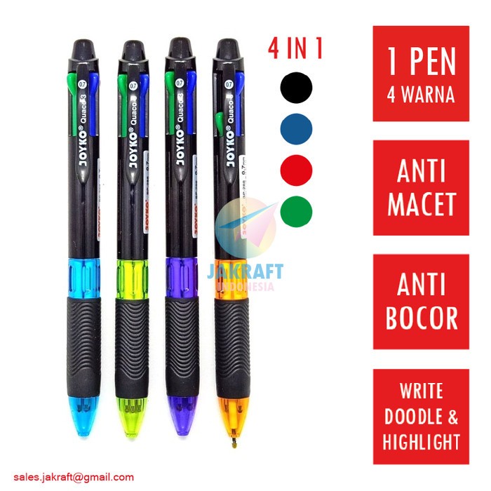 

BISA COD Pulpen Ballpoint Pen 4 in 1 JOYKO BP-288 Quaco 3 isi 12 Hitam 0.7 mm