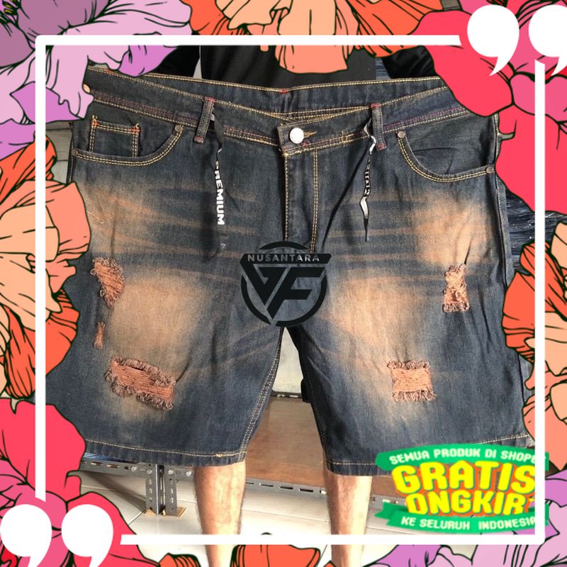 Big size celana jeans pendek pria ripped wisker distro size  jumbo 34-44 / dongker wash