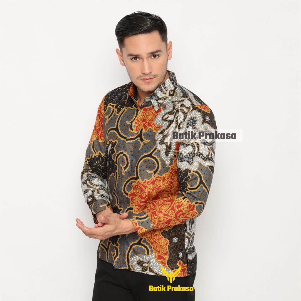 Kemeja Batik Prakasa Motif Danendra Oren Slimfit Lengan Panjang Batik Solo