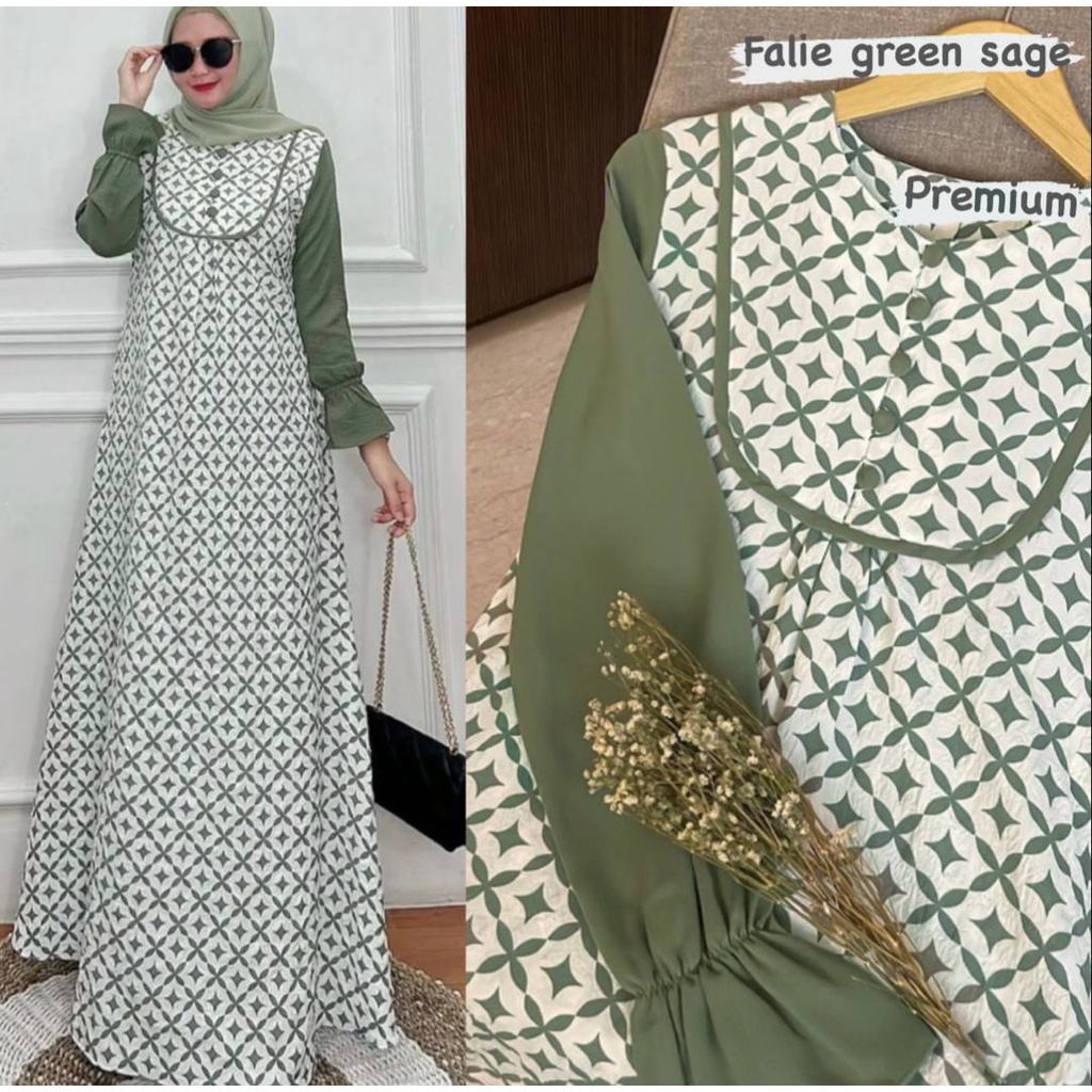 Falia Dress Wanita Crinkle Airflow Premium Gamis Terbaru Lengan Balon Karet Terompet Ruffle Baju Muslim Jumbo Kekinian LD 110 cm